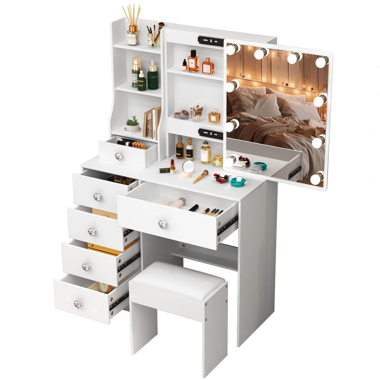 طاولة مكياج بيضاء مع مرآة LED، - مراجعة Beauty Makeup Vanity Set وسعره